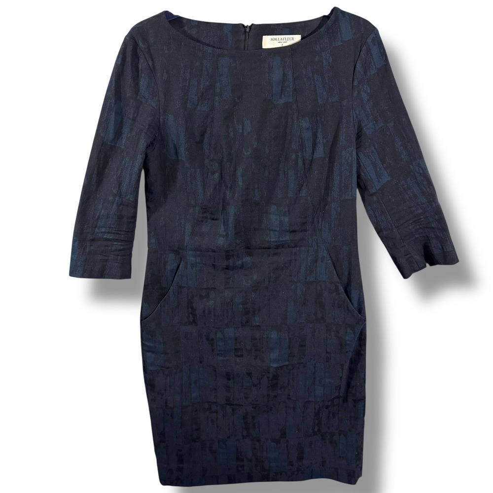 MM LaFleur Etsuko Brushed Jacquard Abstract Print Navy Sheath Dress Size 8